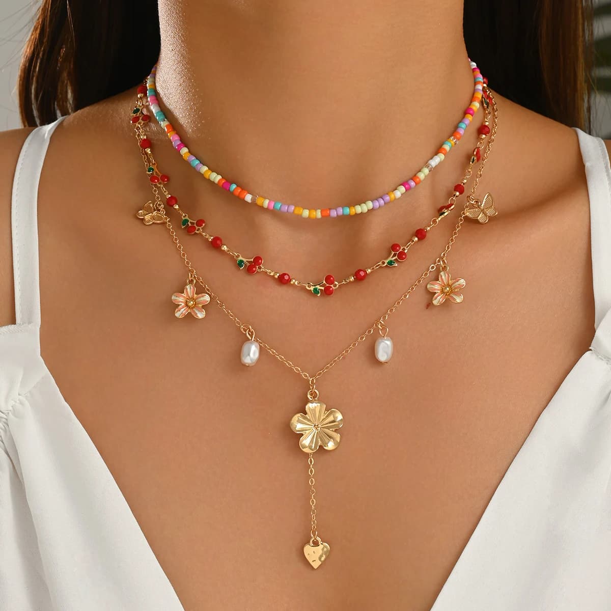 Layered Colorful Seed Bead Necklace Flower Butterfly Heart Faux Pearl Clavicle Chain Boho Women Summer Beach Jewelry