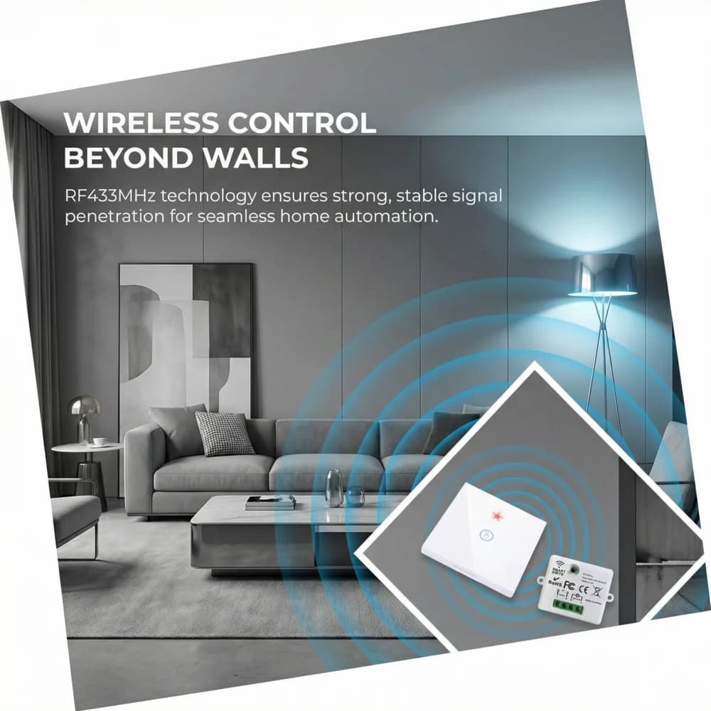 Interruttore Luce Smart WiFi Touch Senza Cablaggio, Controllo Remoto RF 433MHz, Pannello in Vetro Temperato, Controllo Vocale con Alexa Google Tuya APP