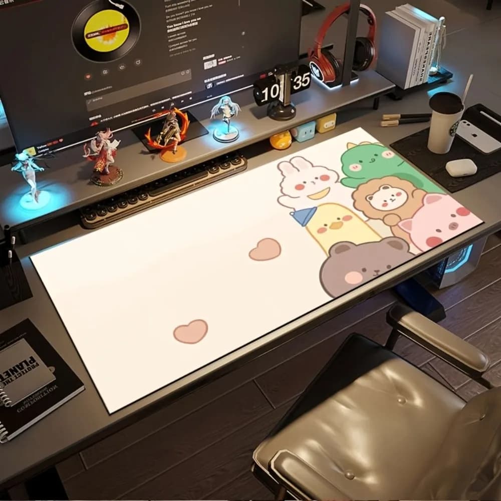 Tappetino per mouse XL 900x400mm con gruppo di animali Kawaii, tappetino da scrivania impermeabile con design a cuore, accessorio per gaming e lavoro