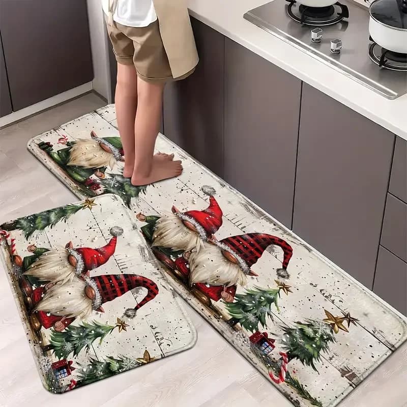 VIKAMA Set di tappeti natalizi da 2 pezzi Barbuti bianchi Babbo Natale Design Tappetino da cucina Zerbino d'ingresso Antiscivolo Decorazioni per la casa festive