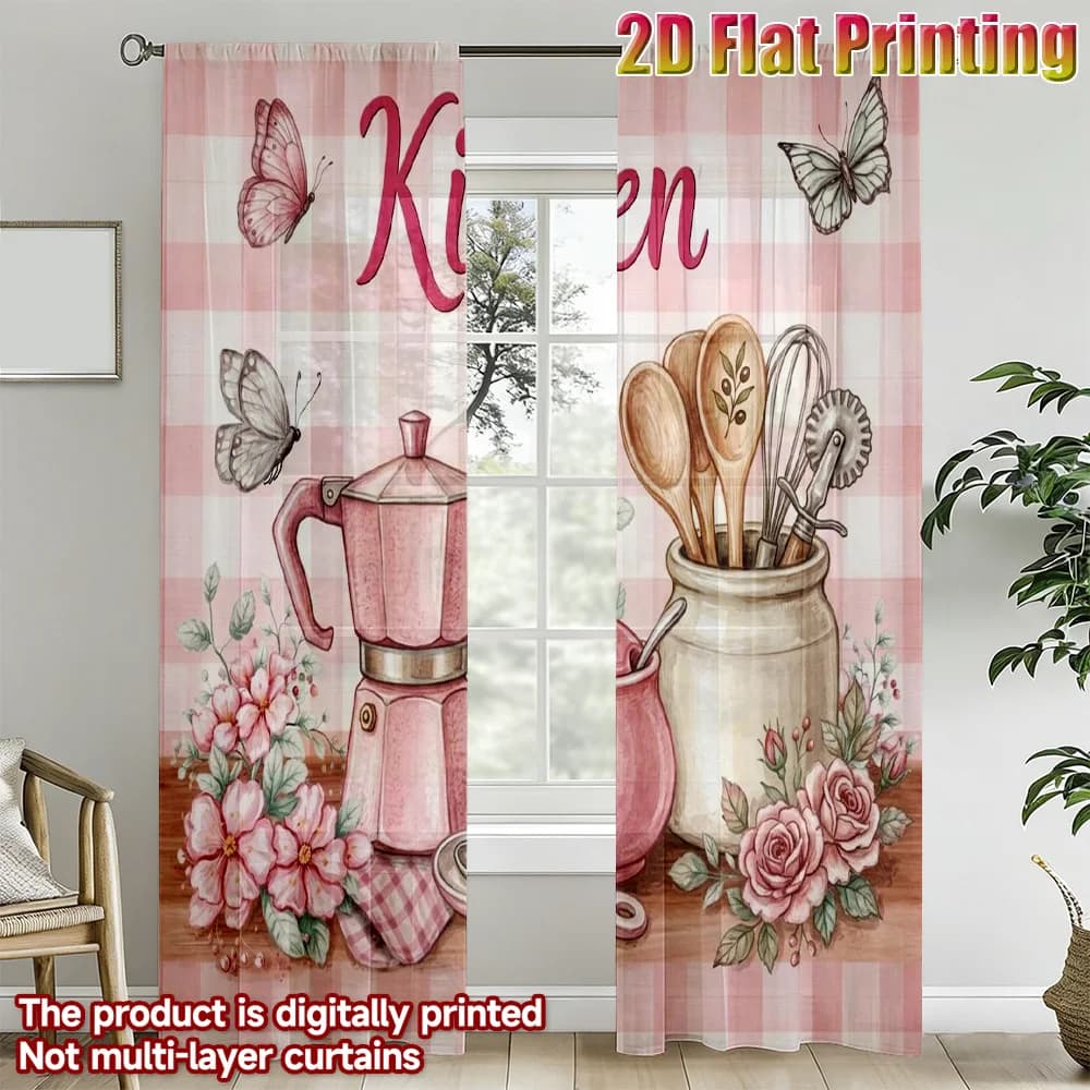 Pink Kitchen Coffee Pot Butterfly Curtains Farmhouse Style Drape with Floral Print for Kitchen Window Decoration