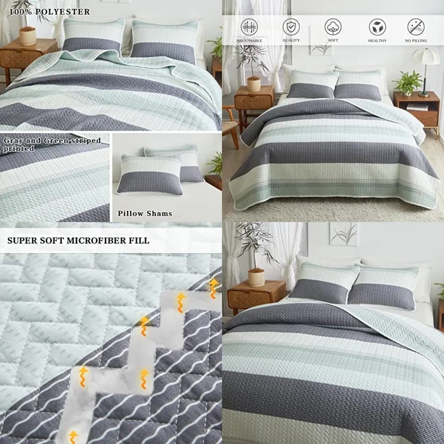 Set Copriletto Boho a Righe, Misura Full Queen, 3 Pezzi Grigio e Bianco Reversibile, Coperta in Microfibra Spazzolata per Tutte le Stagioni