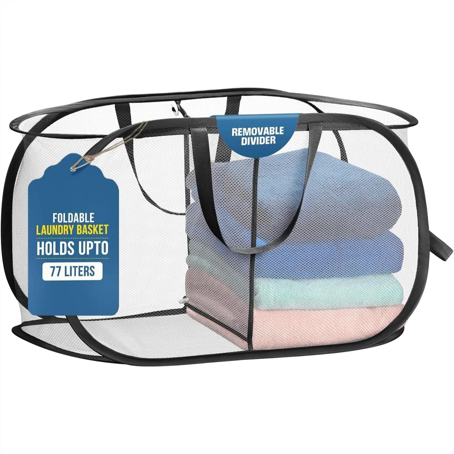 Cesto per Bucato Pieghevole, Cesto a Rete a 2 Scomparti Pop-up, Contenitore Resistente per Dormitorio, Lavanderia, Viaggi, Salvaspazio