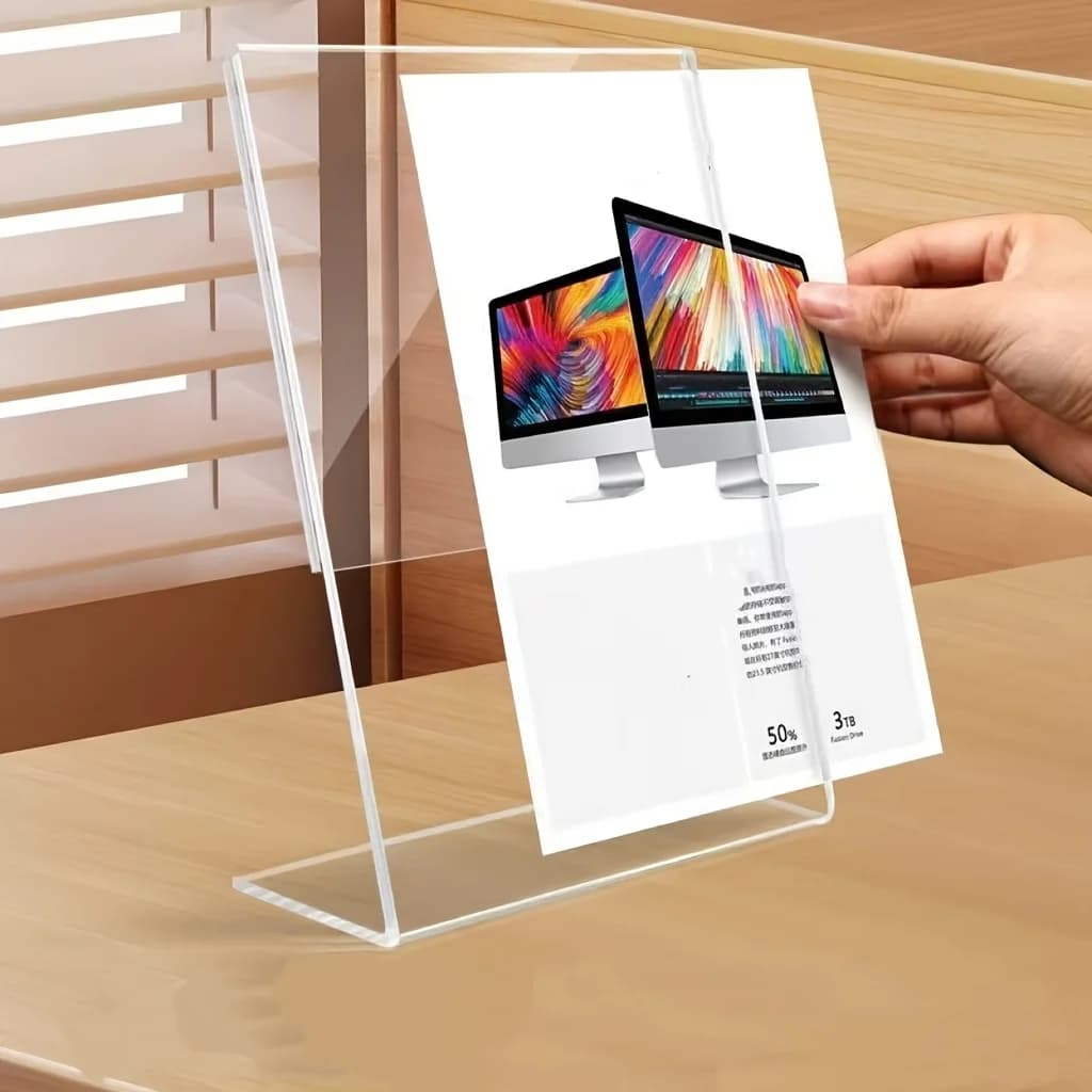 4 piece acrylic sign holder | Transparent display for brochures, poster: modern vertical plastic frame for desk use