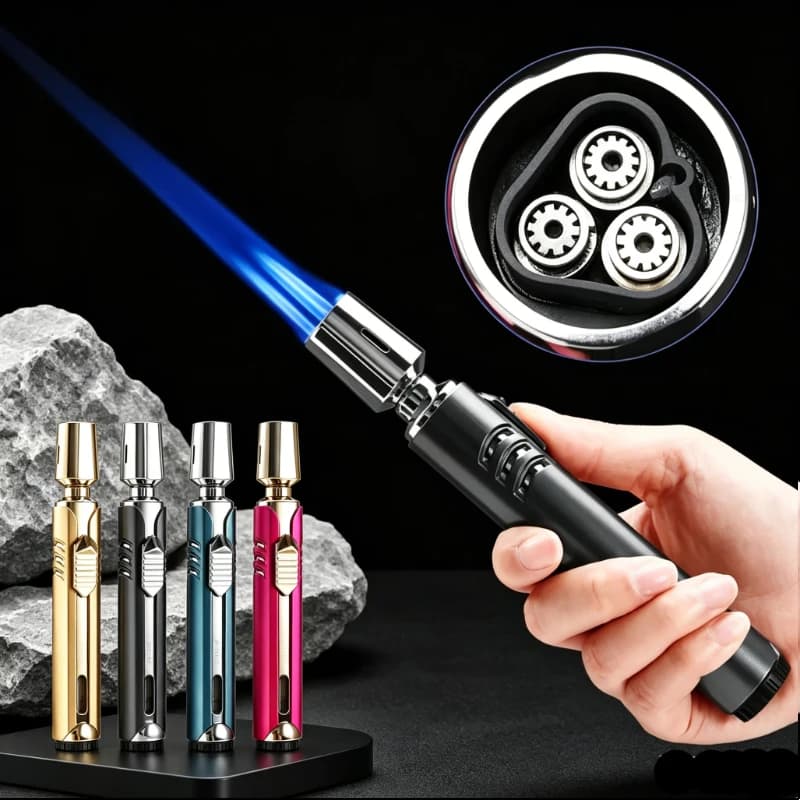 High Power Triple Jet Torch Lighter, Metal Inflatable Butane Spray Gun Lighter, Windproof Survival Fire Tool for Camping & BBQ