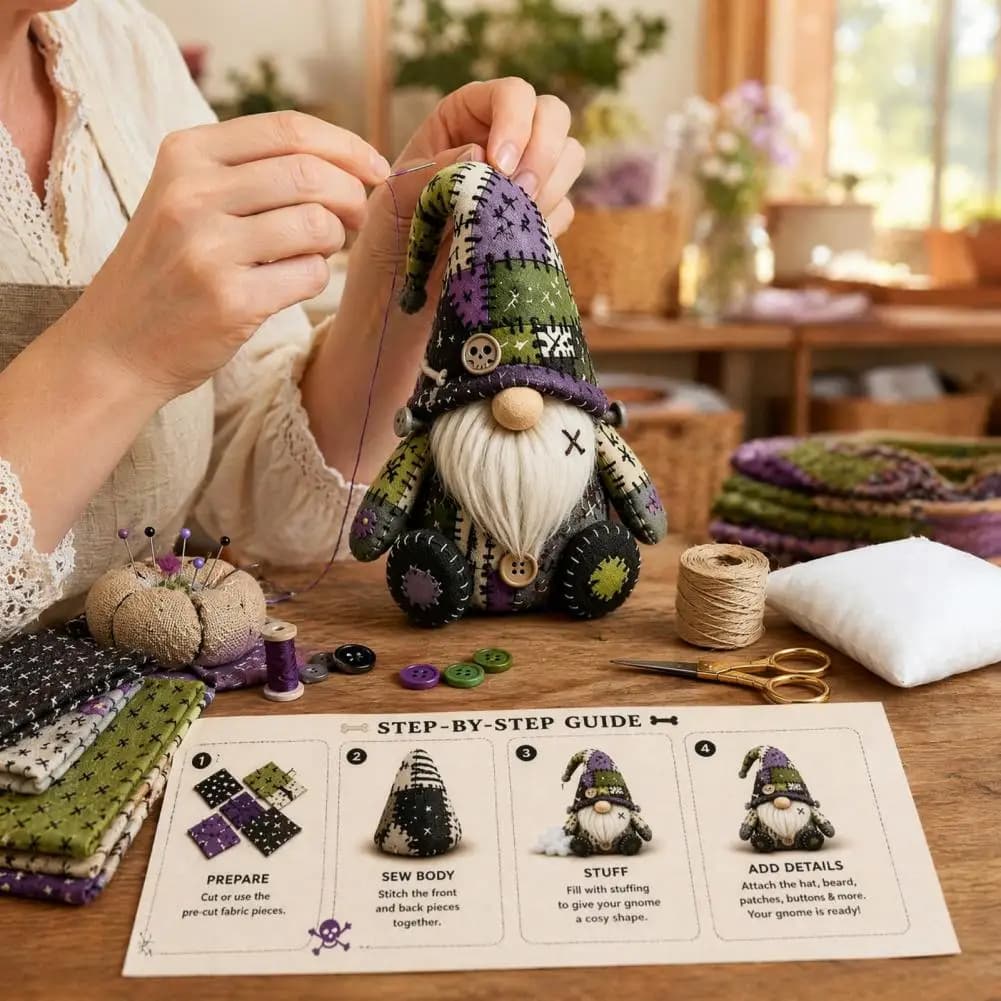 Handmade Gnome Doll Kit Halloween Gnome Patchwork Kit Diy Sewing Project with Pre-cut Fabric Buttons Cute Witch for Adults