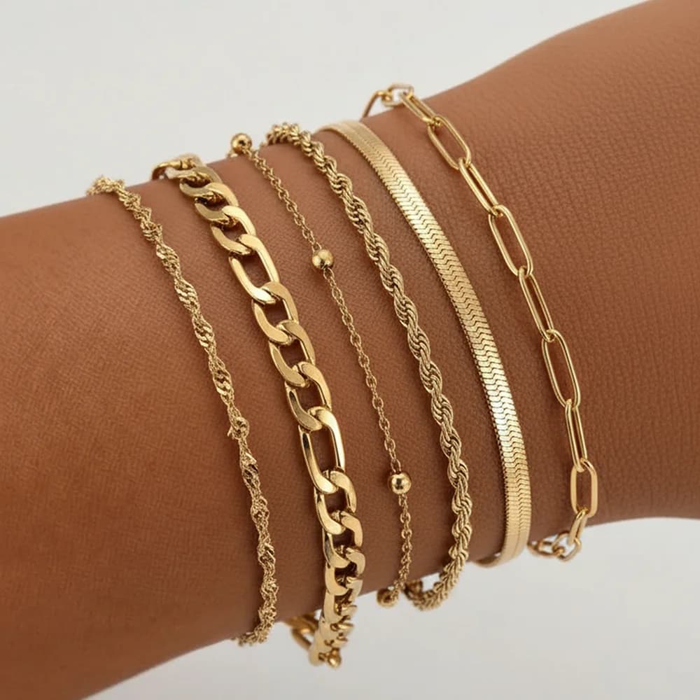 DGIDDK Catena punk in acciaio inossidabile Catena piatta a forma di serpente Catena a graffetta Set da sei pezzi Bracciale Gioielli da polso per pendolari alla moda da donna