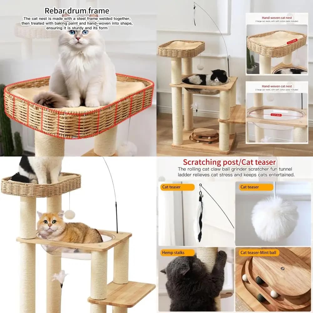 Torre moderna per albero per gatti a 4 livelli con capsula spaziale, nido intrecciato a mano, giocattolo con piume, palline, pali in sisal per gattini