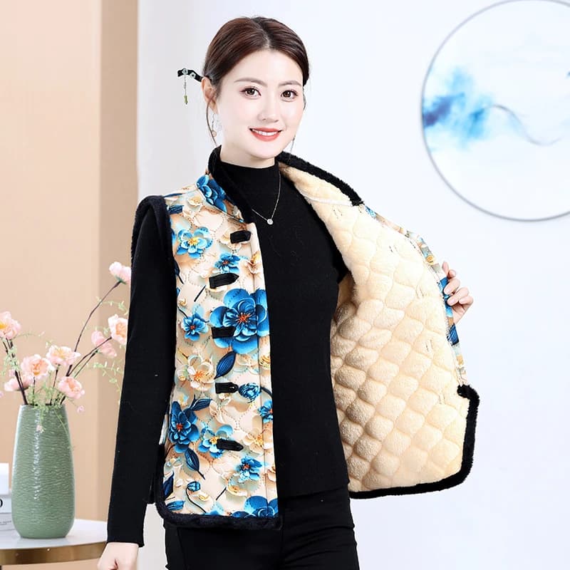 Thickened Floral Print Fleece Women's Vest Chinese Style Traditional Clothing Stand Collar Button Detail Warm Winter Jacket