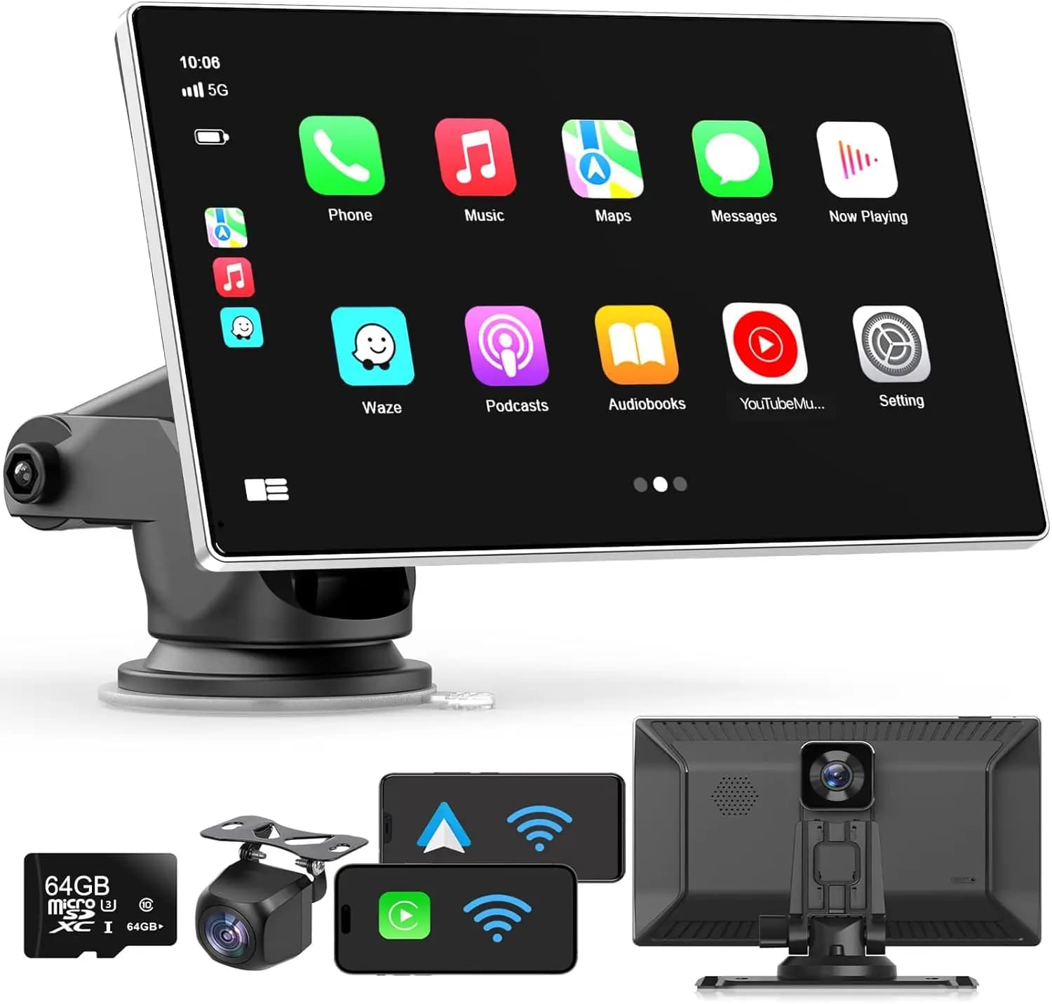 9-inch Car Portable Display with CarPlay Wireless and Android Auto, Dash Cam 4K, GPS Navigation, Bluetooth