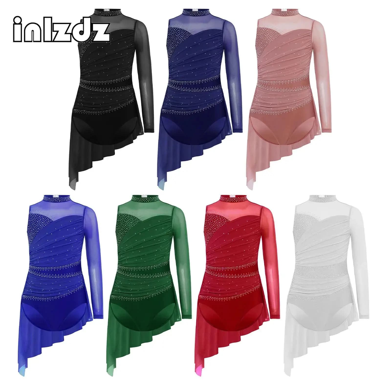 Girls Ballet Lyrical Dance Dress Figure Skating Performance Costume Rhinestones Ruched Mesh Overlay Asymmetrical Skirted Leotard
