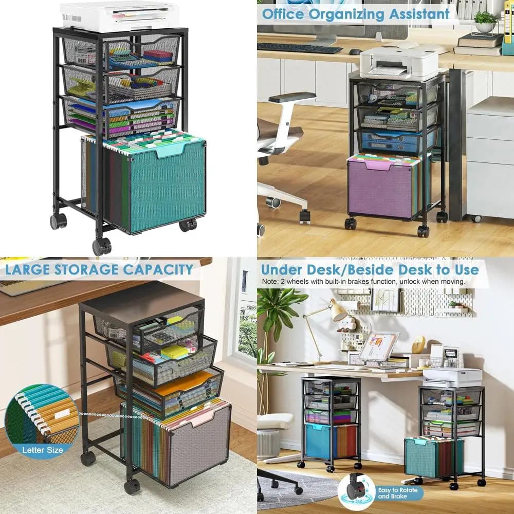 Carrello a 4 cassetti con ruote, mobiletto portadocumenti sotto scrivania, organizer per ufficio domestico, carrello multiuso con supporto per stampante