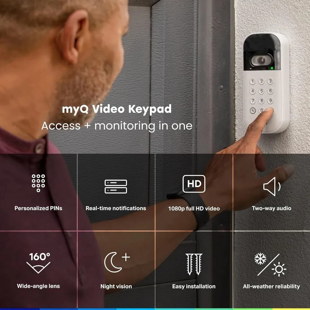 Tastiera video intelligente per porta garage con telecamera, codici PIN personalizzati, controllo tramite smartphone, compatibile con LiftMaster Craftsman Garage