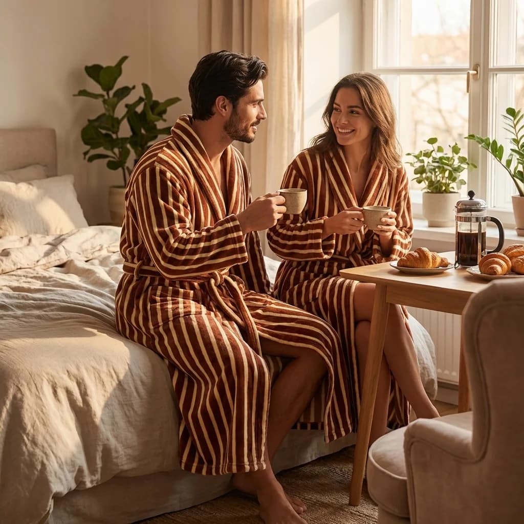New Bathrobe Thickened Vertical Striped Nightgown Men's and Women's Autumn and Winter Long Couple Pajamas Loungewear