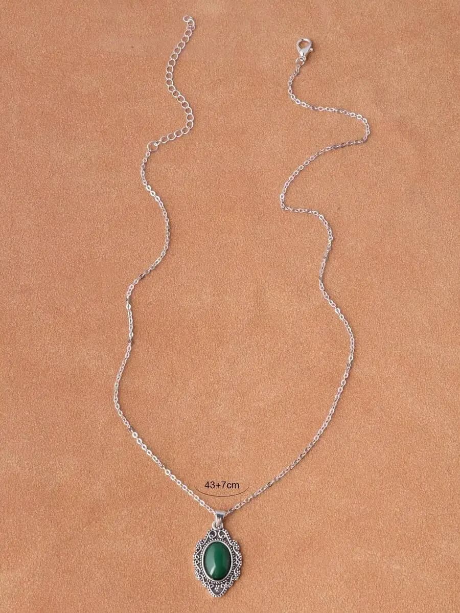 Zinc Alloy Antique Style Dark Green Resin Pendant Chain Necklace For Women
