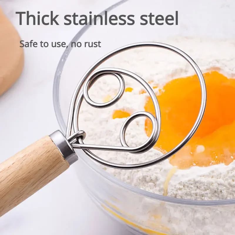 Stainless Steel Danish Dough Whisk - Wooden Handle Bread Mixer, Artisan Baking Blender for Cake and Dutch Dough
