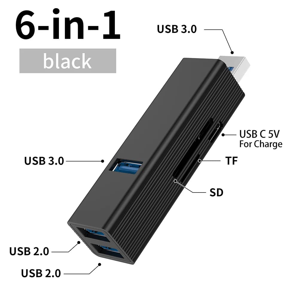 Hub USB 3.0 6 in 1 con Adattatore, Lettore di Schede Micro SD e TF, Splitter USB 2.0 per PC, Laptop, Chiavette USB, Hub USB Tipo C