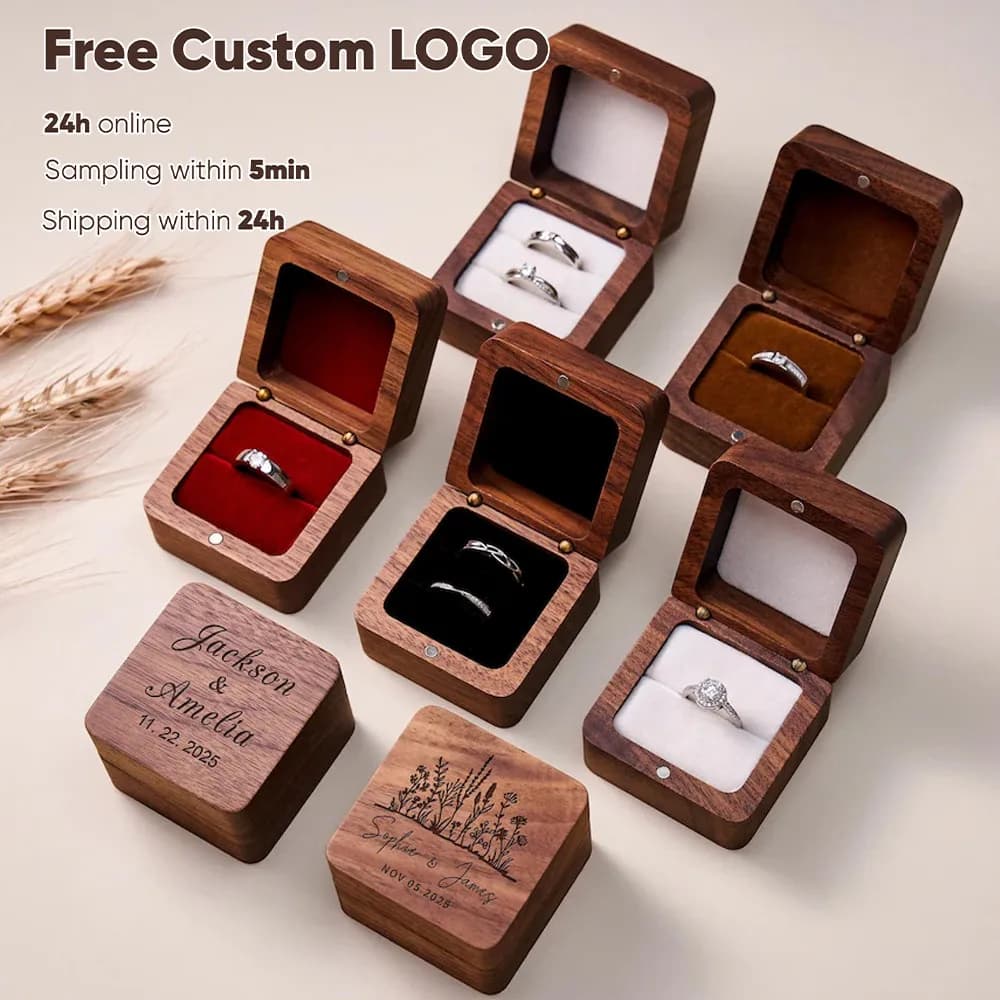 Free Custom Wooden Jewelry Box Wedding Ring Box Rings Jewelry Organizer Luxury Jewelry Anniversary Gift Bracelet Package Case