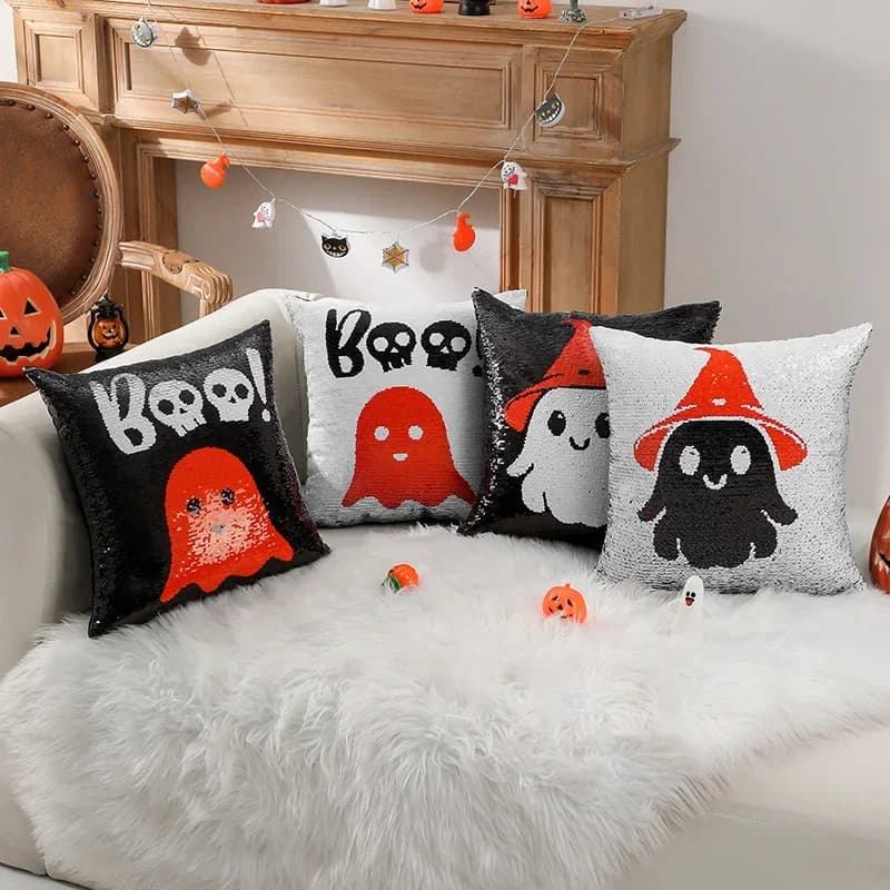 Halloween Decor Pillowcase Shining Ghost Flip Pillowslip Sofa Cushion Cover Pillow Cover Variable Sequin Pillow Cover