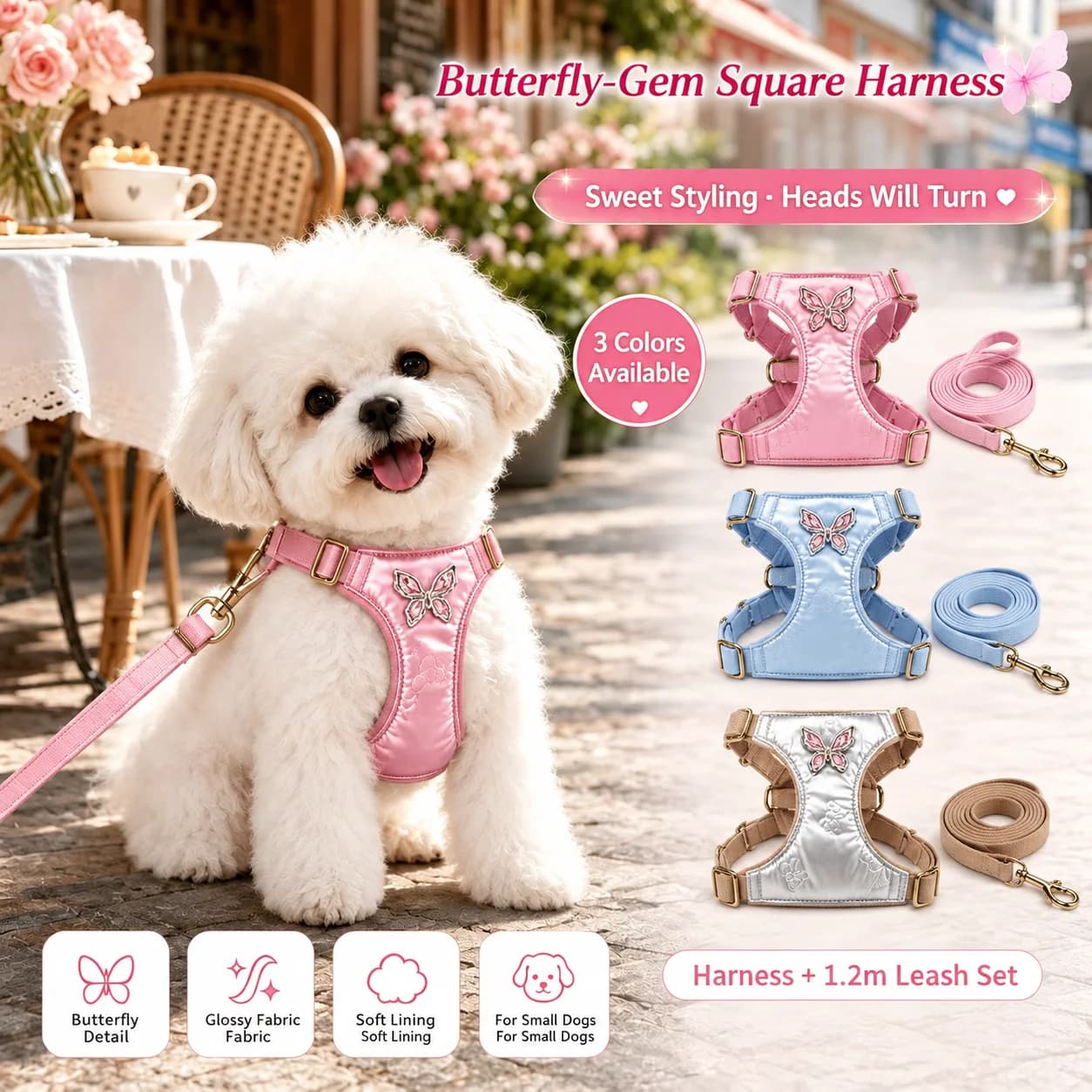 Princess Butterfly Pet Harness and Leash Set, No Pull Soft Suede Adjustable Vest Harness for Dogs Cats