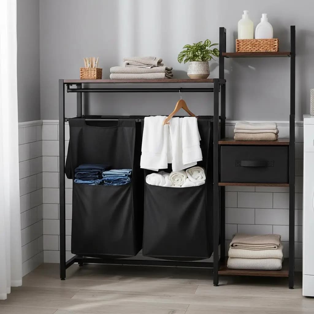 Organizzatore Verticale per Vestiti 76x28x160 cm per Lavanderia, Bagno, Camera da Letto, con Asta Appendiabiti e Doppie Borse Rimovibili in Oxford 600D