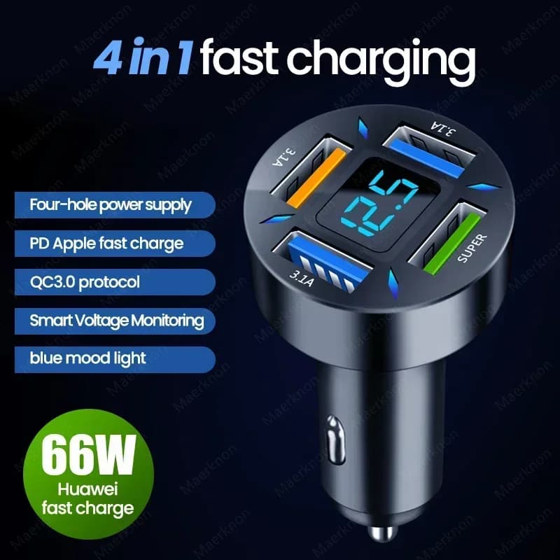 Caricabatterie da auto USB Type C a 4 porte da 66W con ricarica rapida QC3.0 PD, adattatore per accendisigari per iPhone, Samsung, Xiaomi, Huawei