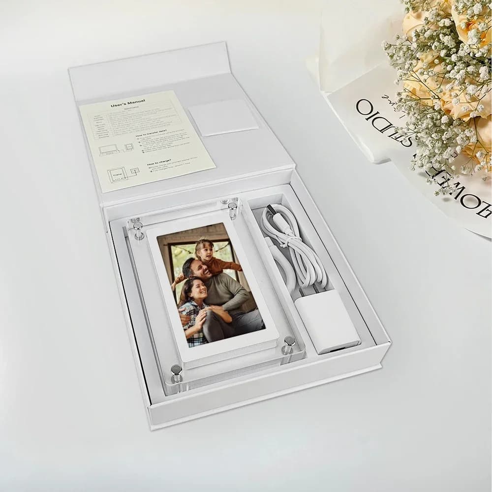 Cornice per foto digitale trasparente per oggetto infinito video NFT con immagine acrilica da 5 pollici all'ingrosso con funzione di rotazione automatica
