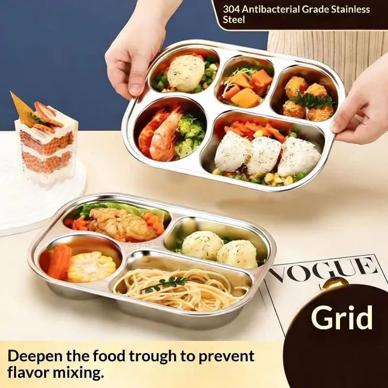 Piatto per Alimenti a 2/3/4 Scomparti, Riutilizzabile, in Acciaio Inox 304, Quadrato, per Cena, Frutta e Insalata, Contenitore per Stoviglie