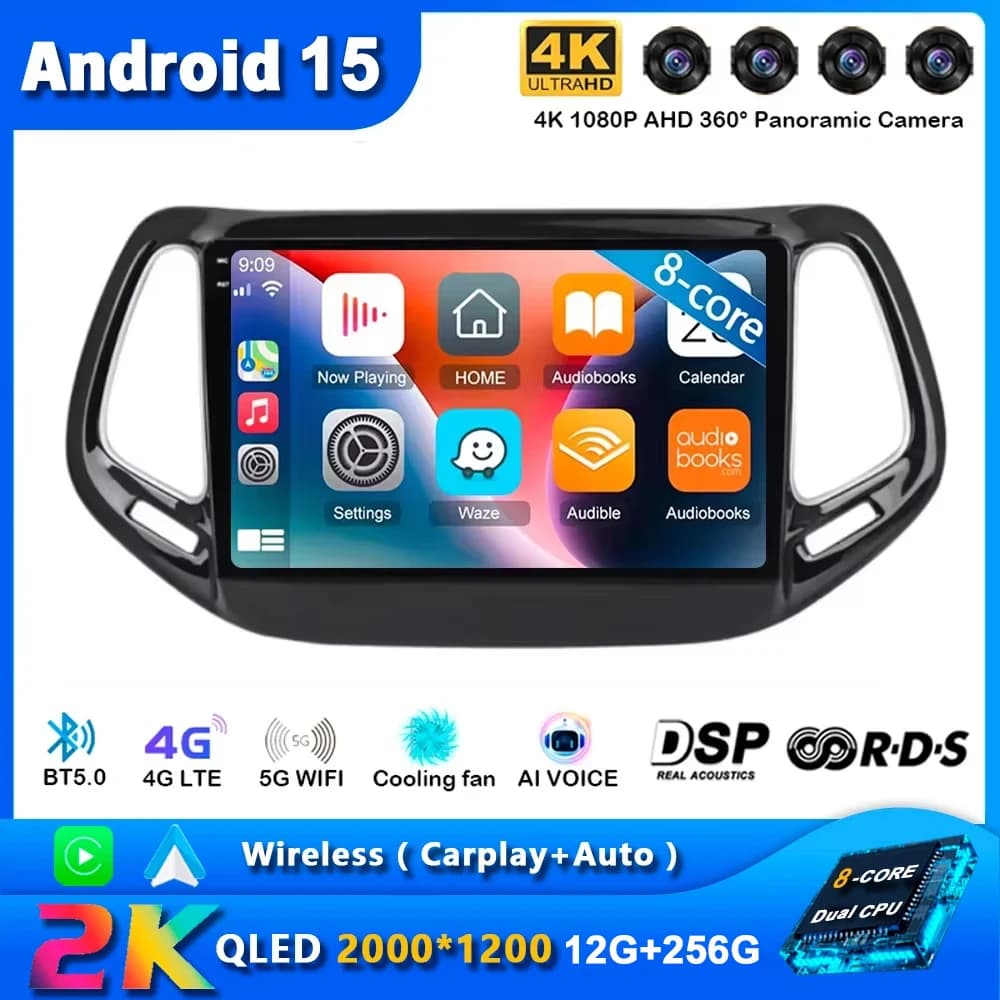Android 15 Car Radio For Jeep Compass 2 MP 2016 2017 2018 Navigation GPS Multimedia Player Stereo WiFi+4G Carplay video DSP