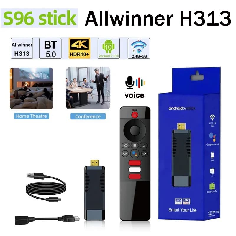 S96 ATV Smart TV Stick 2GB/16GB Android 10.0 AllWinner H313 Quad core 4G/5G Dual WiFi BT5.0 Telecomando vocale TV Stick