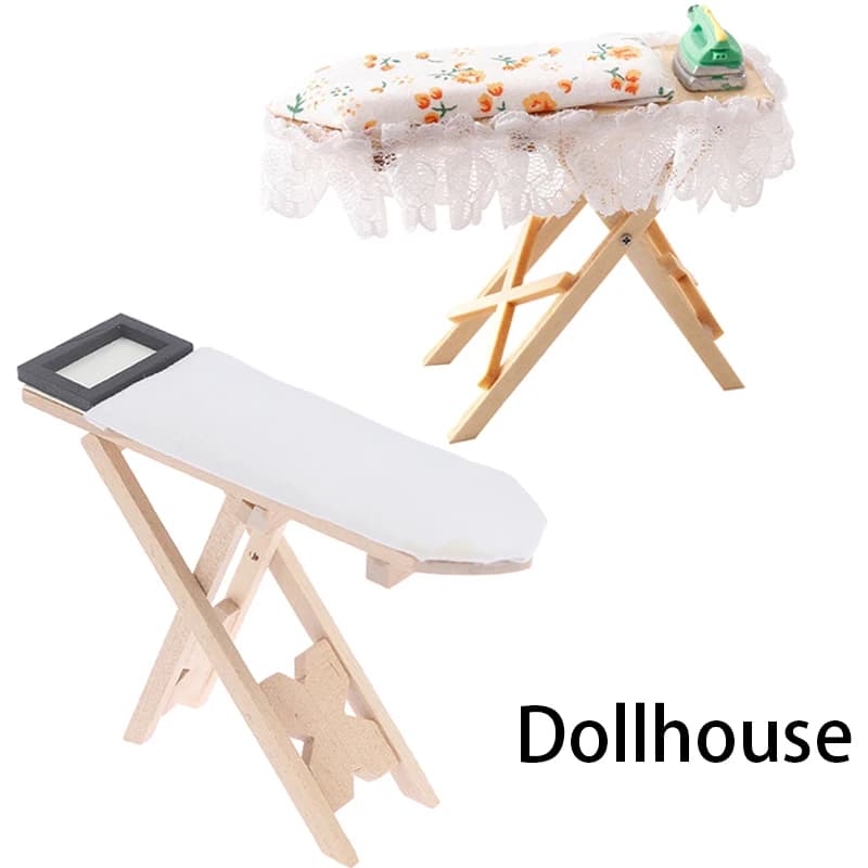 1:12 Casa delle bambole in miniatura asse da stiro in legno Mini mobili in ferro piatto modello cucito scena di vita decorazione giocattolo micro scena oggetti di scena