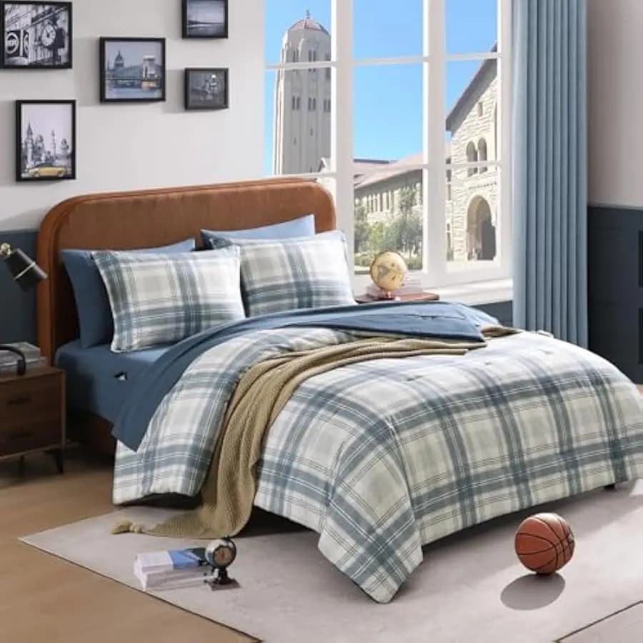 AMBERSPACE Full Size Comforter Sets, Blue Grey Plaid Bedding Set 7 Piece for Boys Girls Teen, Classic Homestead-Style Kids Comfo