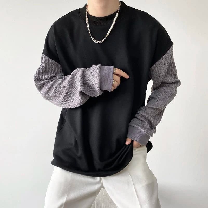 2026 Mens Patchwork Knit Sleeve Crew Neck Sweatshirt Color Contrast Spliced Pullover Fashion Curved Hem Daily Streetwear Tops