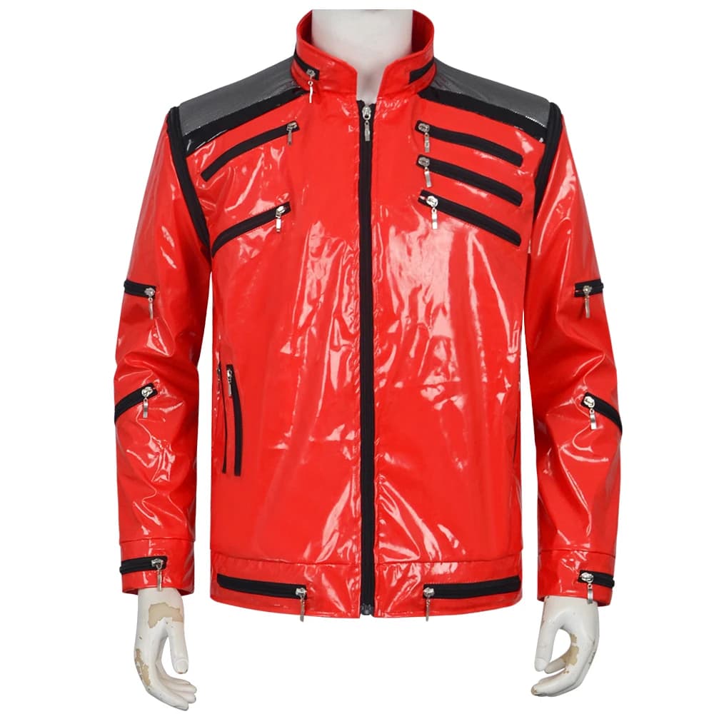 Giacca Rossa da Uomo Stile Beat It Michael Jackson, Giacca da Motociclista Punk con Molteplici Cerniere o Costume per Feste e Spettacoli