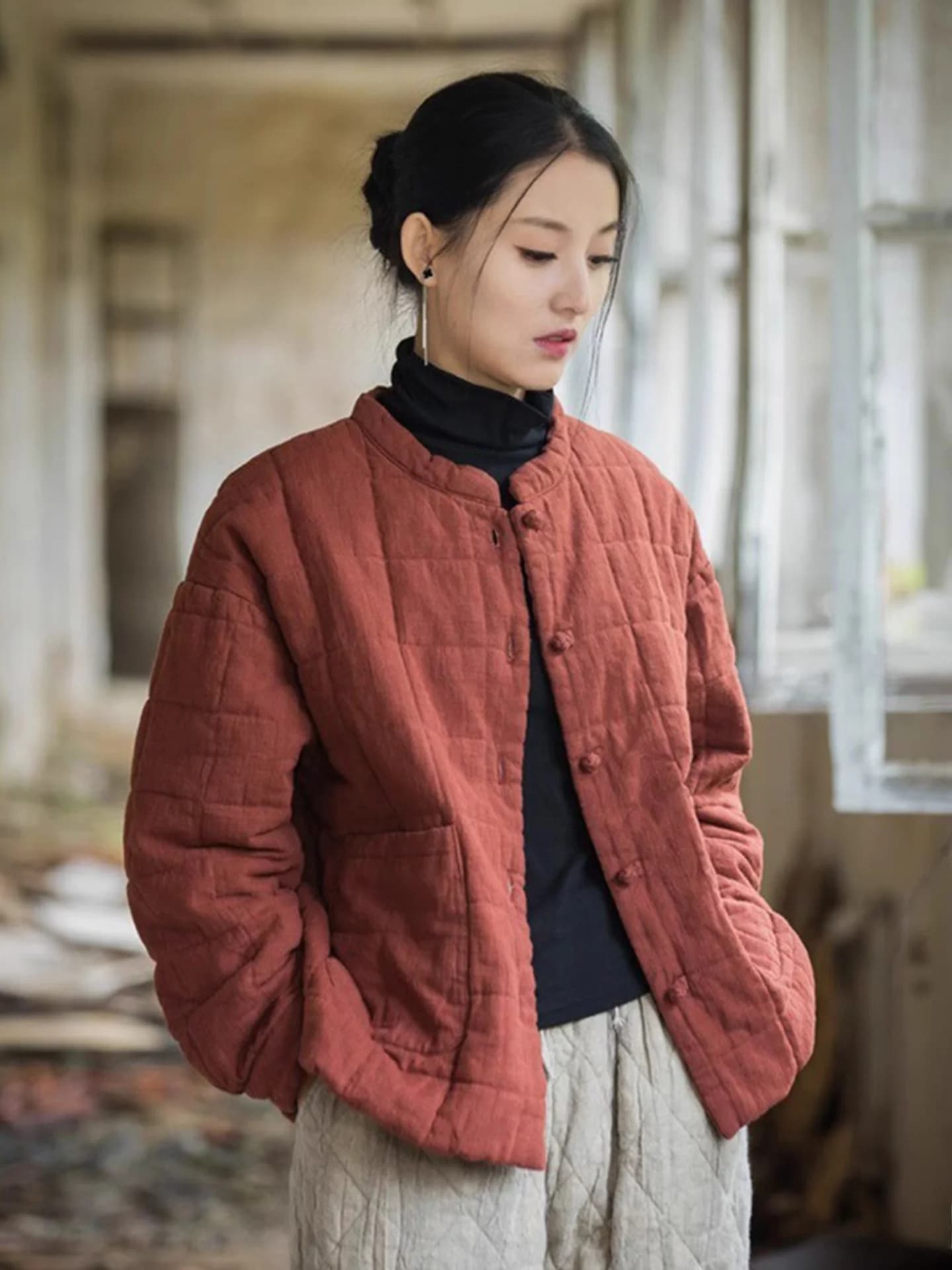 High-End Hemp Cotton Quilted Jacket Autumn Winter New Style Retro Chinese Style Artistic Zen Cotton Coat Women's Outerwear
