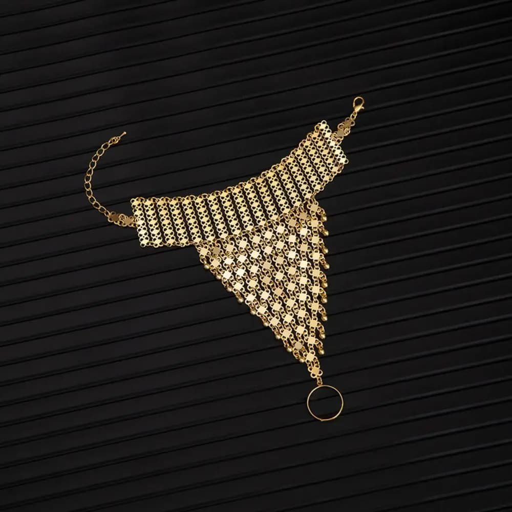 Bracciale Esotico con Nappe Dorate, Bracciale Multistrato in Stile Etnico Thailandese con Anello, Bracciale Geometrico Cavo Placcato Oro