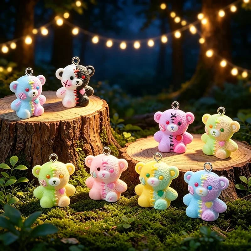 10pcs Cute Patchwork Stitched Bear Resin Charms Hallowmas Broken Teddy Bear Pendant DIY Jewelry Making Keychain Earring Charm