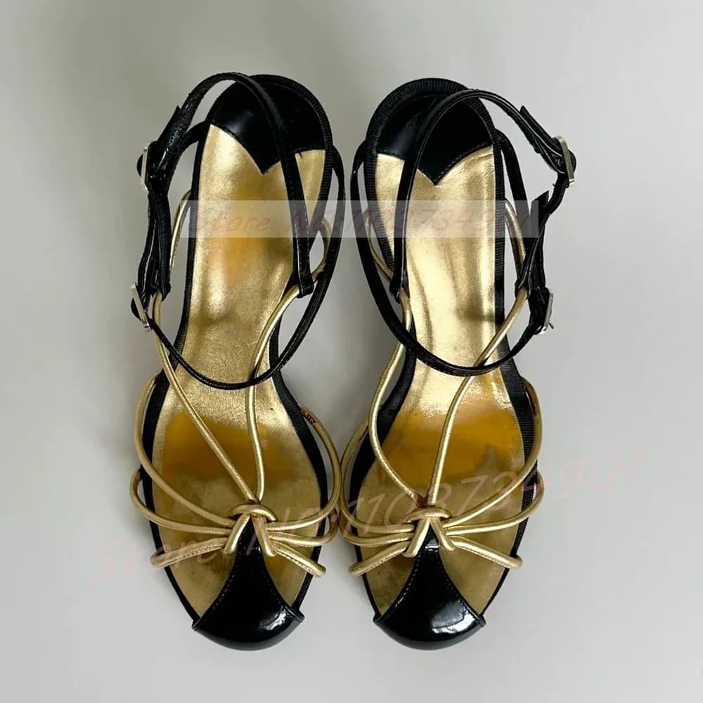 Gold Caged Strappy Knot Sandals Women Sexy Black Patent Ankle Strap High Heels Shoes Lady Party Luxury Sandals