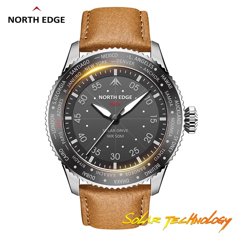 NORTH EDGE Solar Watches For Men MACH New Silver Stainless Steel Luminous Leather Strap 50M Waterproof Mens Watch Reloj Hombre
