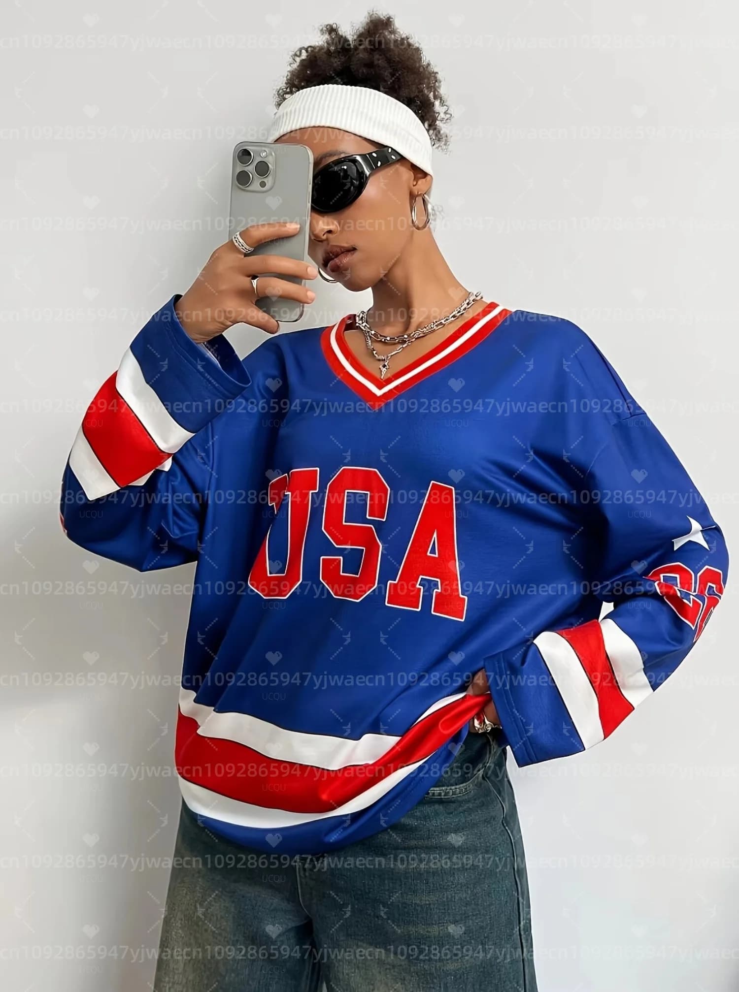 Maglia da Hockey Femminile 2026 USA LOS ANGELES 26, T-Shirt Casual Stile College con Scollo a V e Maniche Lunghe, Felpa da Gara