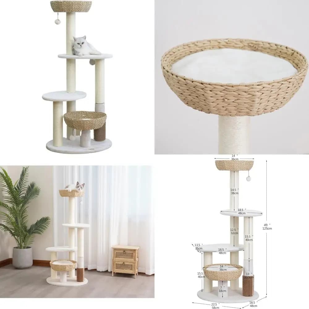 Albero per gatti ecologico a 5 livelli in stile faraone con cestini di carta riciclata, tiragraffi in sisal, giocattolo teaser e massaggiatore