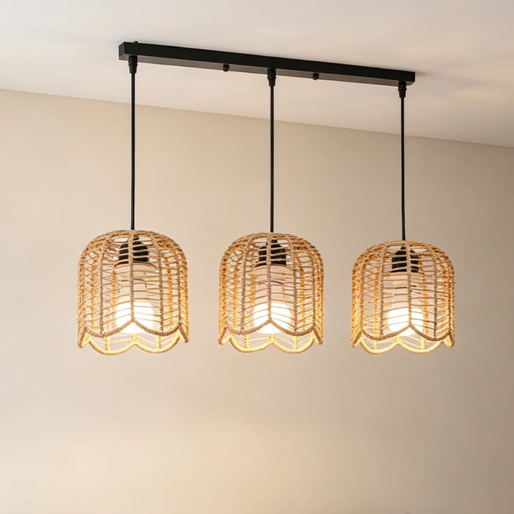 Lampadario Boho a 3 Teste in Rattan Intrecciato E27, Lampade a Sospensione Vintage Stile Rustico per Camera da Letto, Soggiorno, Arredamento Casa
