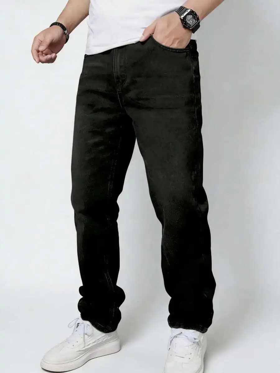 American Retro Loose Straight Leg Heavyweight Washed Black Jeans For Men