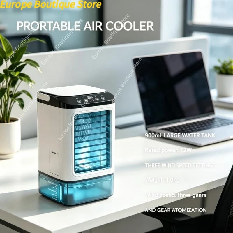 Rechargeable Mini Air Cooler 900ml Tank 3-Speed Evaporative Desk Fan with 7-Color Night Light Humidifier for Bedroom Travel