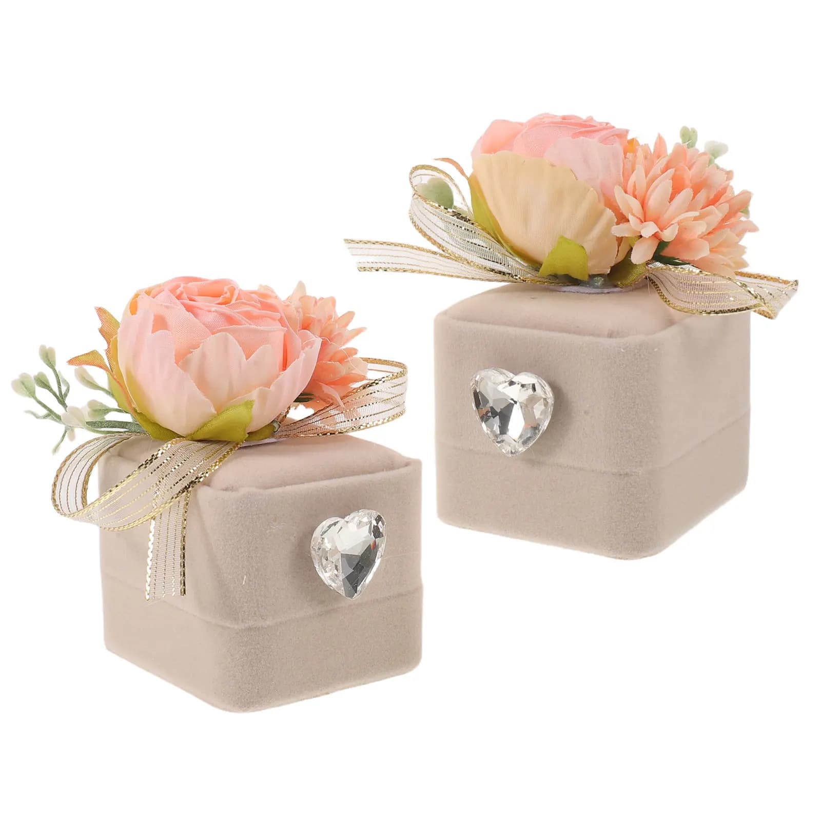 2Pcs Heart Rhinestone Wedding Ring Box Grey Artificial Flower Compact Engagement Proposal Anniversary Jewelry Display Holder