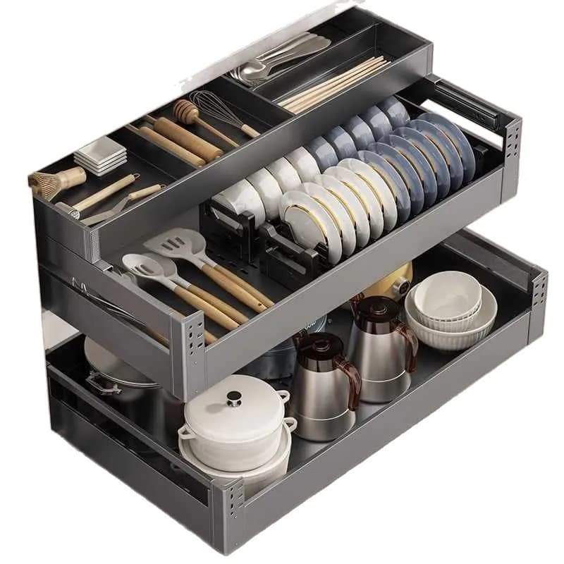 Kitchen basket three-layer aluminum alloy kitchen cabinet type drawer dressing flat rack bowl holder basket knife fork pot