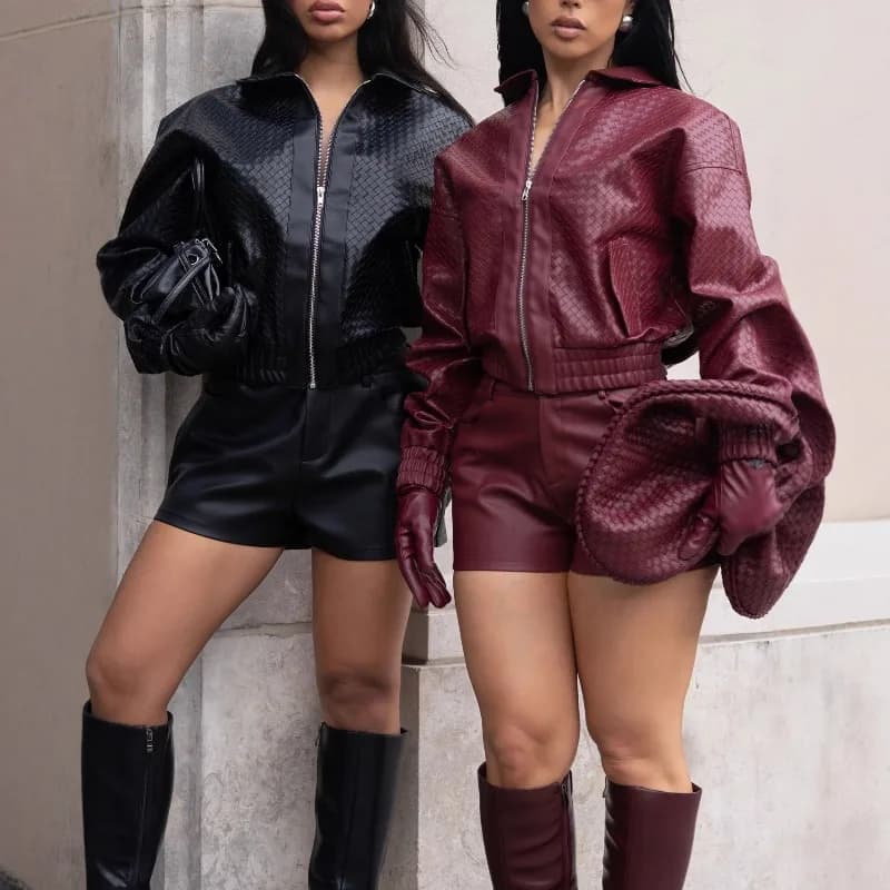 Doyerl PU Leather Set Two Piece Women's Autumn Winter Hinge Long Sleeved Jacket Coat and Shorts Coordinated Sets Ensemble