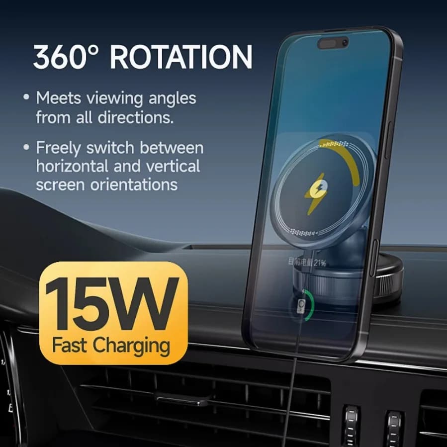 Caricabatteria da auto wireless 360 ° Supporto da auto per telefono da cruscotto con mandrini a vuoto girevoli per iPhone 17 16 14 13 12 Pro Max Samsung