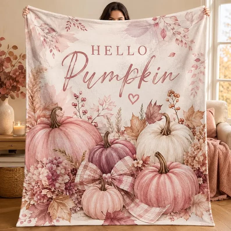 Hello Pumpkin Blanket or Shower Curtain, Pink Pumpkin Fall Decor, Autumn Floral Home Decor, Cozy Thanksgiving Gift for Her