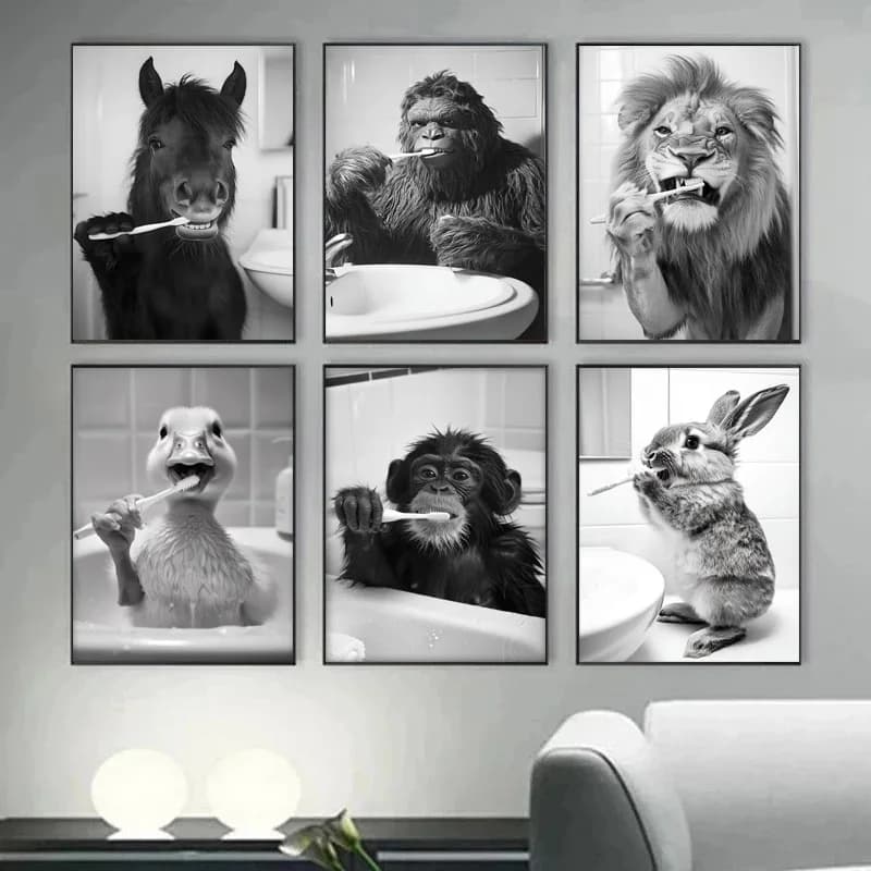 Brushing Teeth Animal Art Poster Lion Monkey Horse Rabbit Dog Cat Eagle Funny Bathroom Wall Stickers Bathroom Animals Home Decor